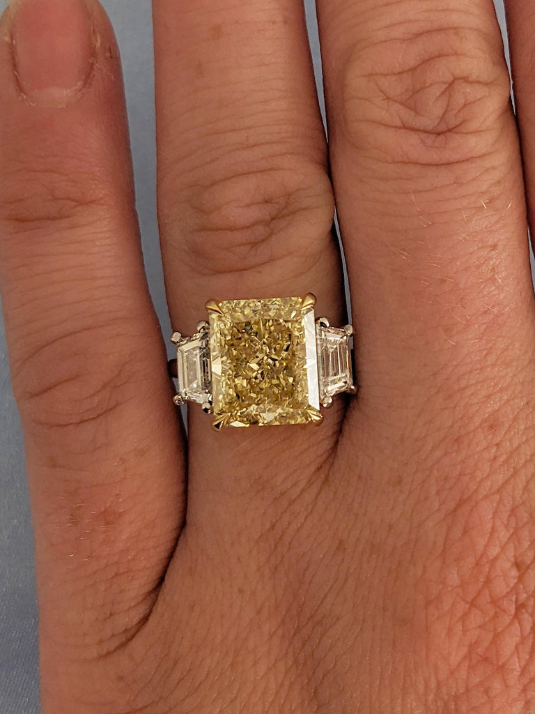 925 Silver Fancy Yellow Lab Grown Diamond Engagement Rings for Women | Radiant cut Three Stone Wedding Ring Anniversary Gift image #2