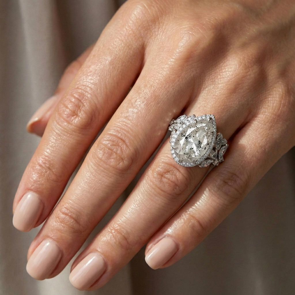 Salt and Pepper Diamond Galaxy Engagement Ring - Raw Diamond - Salt Pepper Diamond - OOAK Ring - Grey Diamond - Pear Diamond - Gray 4.5ct