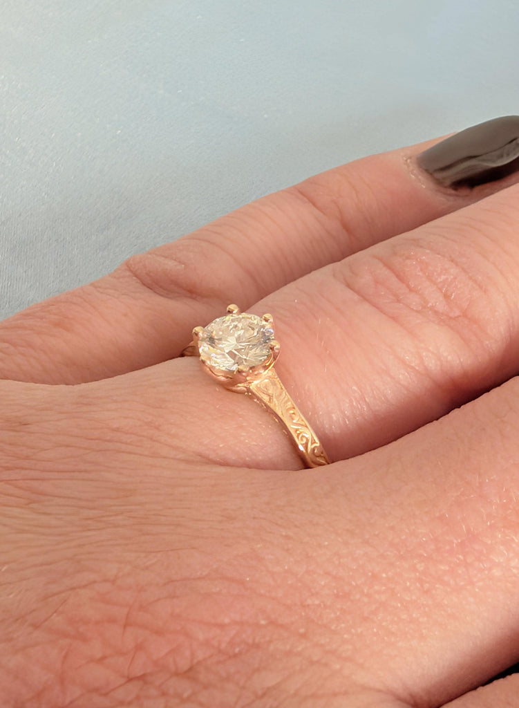 14K Rose Gold Lab Diamond Engagement Ring, Filigree Bridal Ring, Round Certified Diamond Ring, Wedding Ring, Art Deco Promise Ring For Her image #2