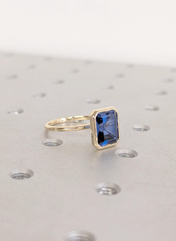 14K Yellow Gold Sapphire Engagement Ring, Art Deco Bezel Set Blue Lab Sapphire Vintage Ring, September Birthstone Emerald Cut Solitaire Ring image #7