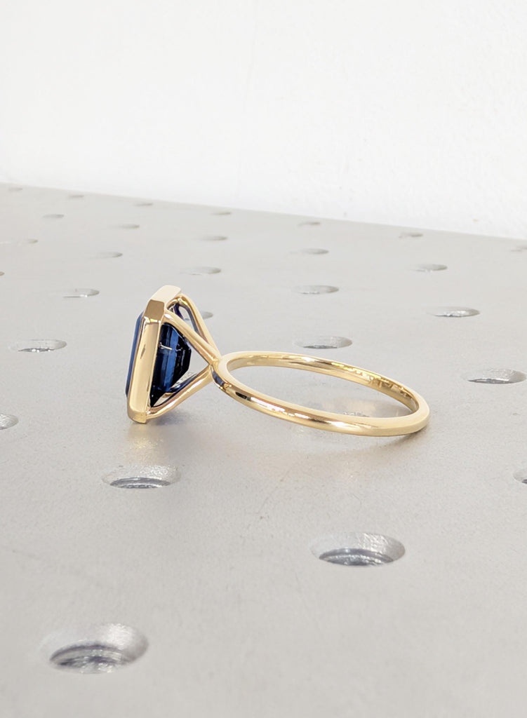 14K Yellow Gold Sapphire Engagement Ring, Art Deco Bezel Set Blue Lab Sapphire Vintage Ring, September Birthstone Emerald Cut Solitaire Ring image #5