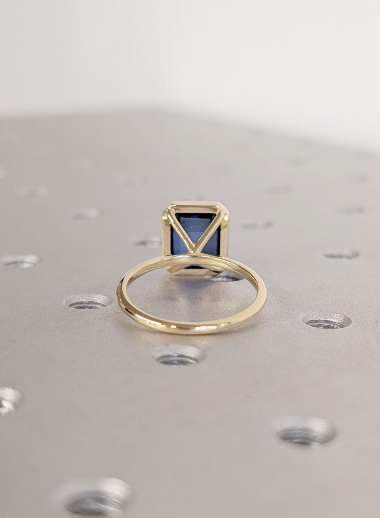 14K Yellow Gold Sapphire Engagement Ring, Art Deco Bezel Set Blue Lab Sapphire Vintage Ring, September Birthstone Emerald Cut Solitaire Ring image #4