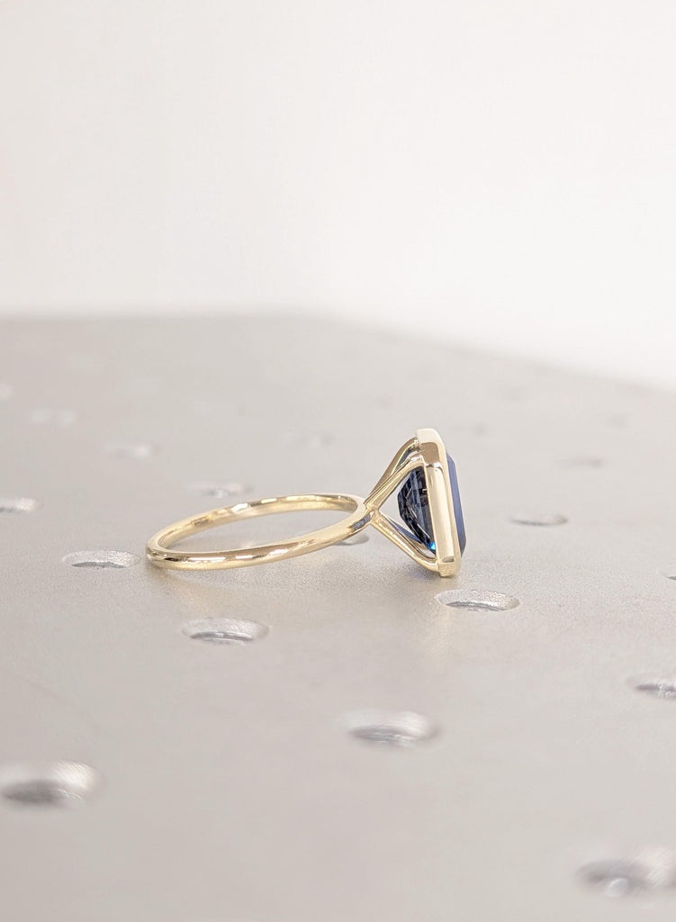 14K Yellow Gold Sapphire Engagement Ring, Art Deco Bezel Set Blue Lab Sapphire Vintage Ring, September Birthstone Emerald Cut Solitaire Ring image #9