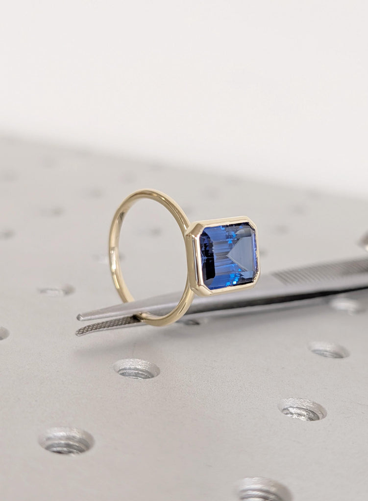 14K Yellow Gold Sapphire Engagement Ring, Art Deco Bezel Set Blue Lab Sapphire Vintage Ring, September Birthstone Emerald Cut Solitaire Ring image #11