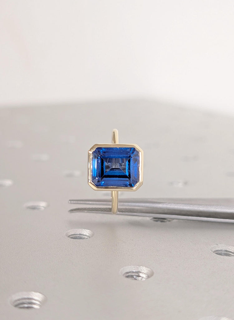 14K Yellow Gold Sapphire Engagement Ring, Art Deco Bezel Set Blue Lab Sapphire Vintage Ring, September Birthstone Emerald Cut Solitaire Ring image #10