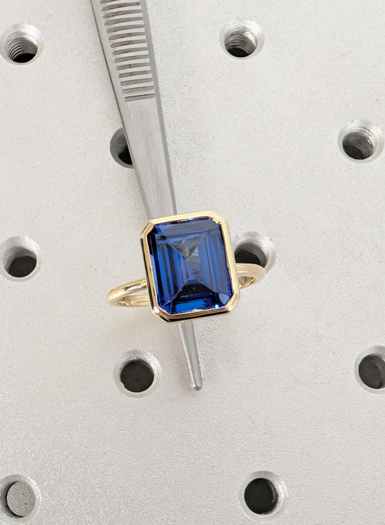 14K Yellow Gold Sapphire Engagement Ring, Art Deco Bezel Set Blue Lab Sapphire Vintage Ring, September Birthstone Emerald Cut Solitaire Ring