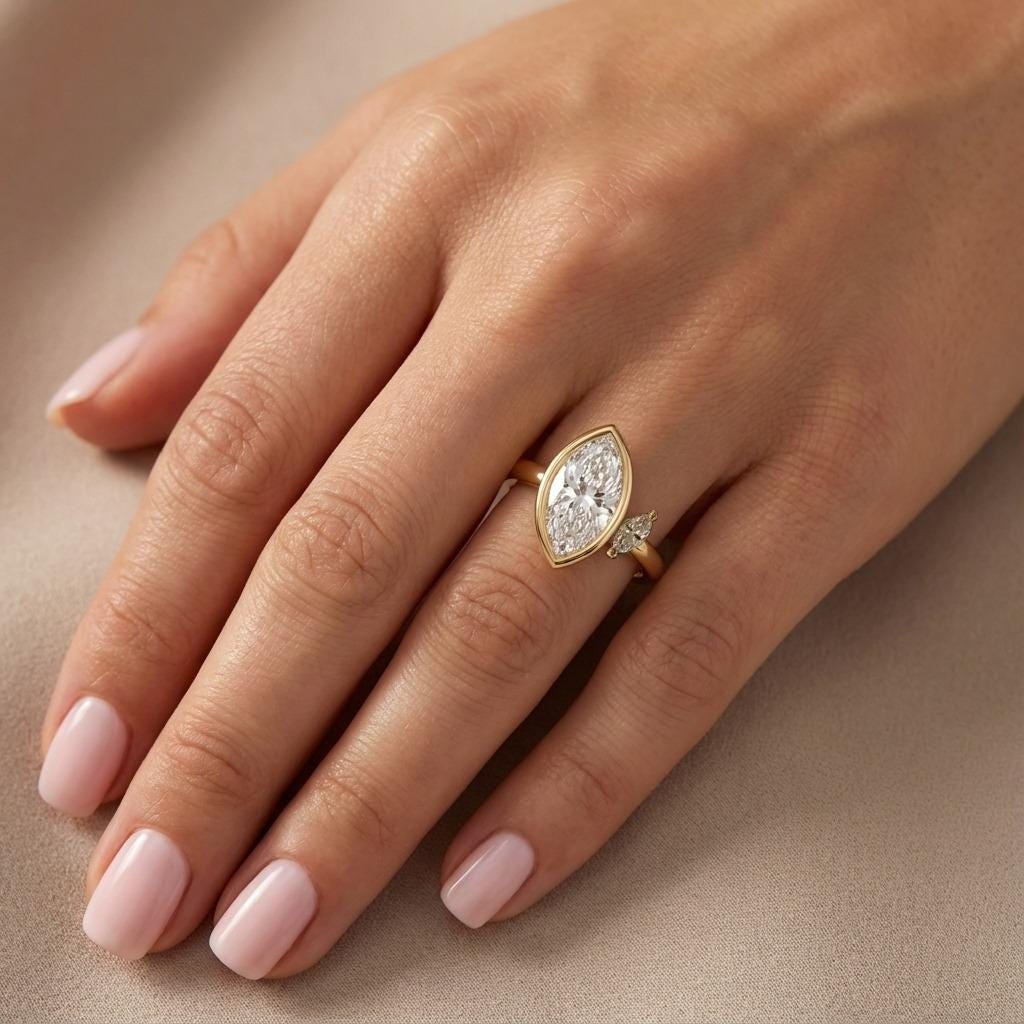 Bezel set Toi et Moi Ring | Vintage Marquise cut Moissanite Two Stone Ring | 14k Gold Promise Ring Anniversary Gift image #4