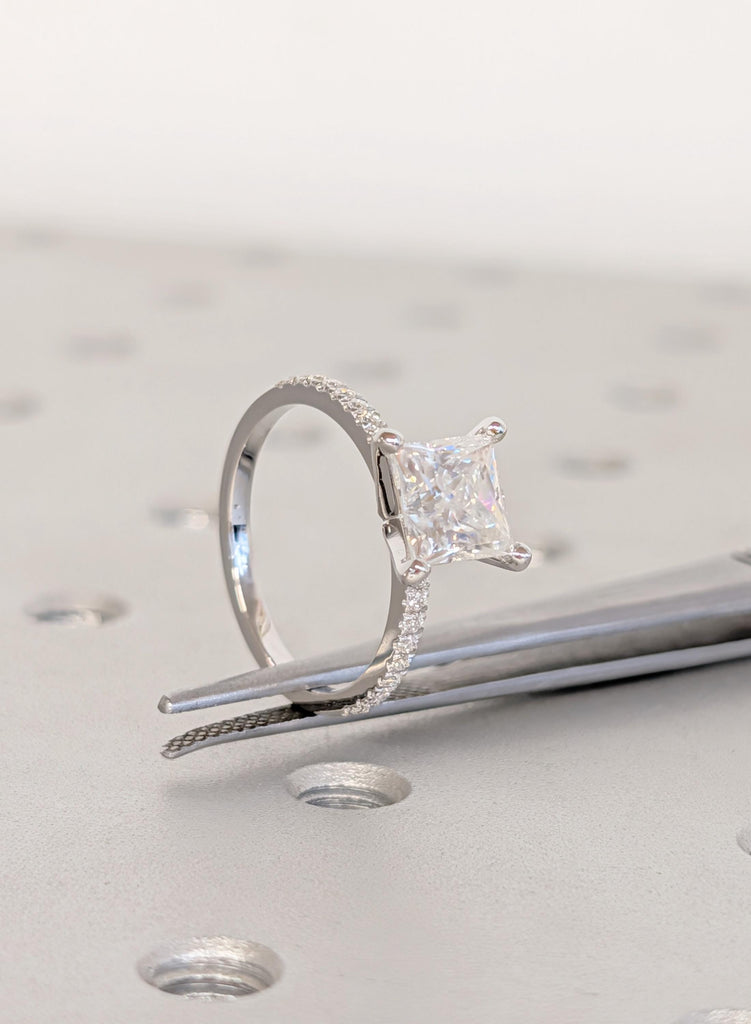 Diamond Engagement Ring, 14K White Gold Princess Cut Lab Grown Diamond, Dainty Pave Side Diamond Moissanite Ring, VVS Diamond Wedding Ring image #11