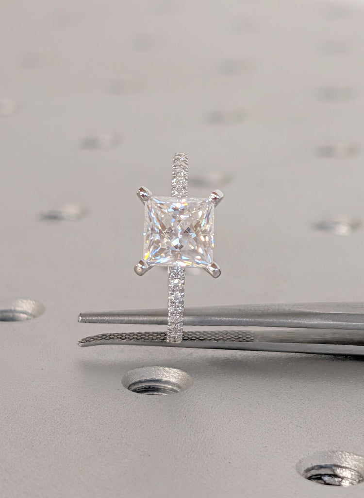 Diamond Engagement Ring, 14K White Gold Princess Cut Lab Grown Diamond, Dainty Pave Side Diamond Moissanite Ring, VVS Diamond Wedding Ring image #4