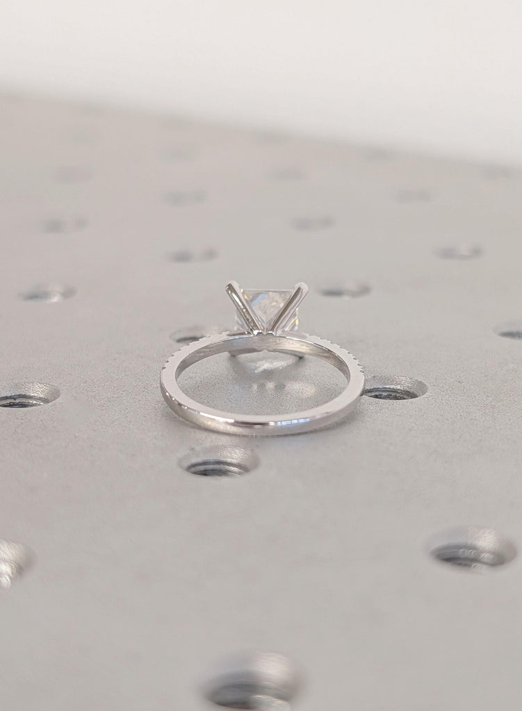 14K White Gold Moissanite Engagement Ring, Princess Cut Moissanite with Side Diamond Ring, Dainty Bridal Ring, Woman's Wedding Ring Jewelry image #8