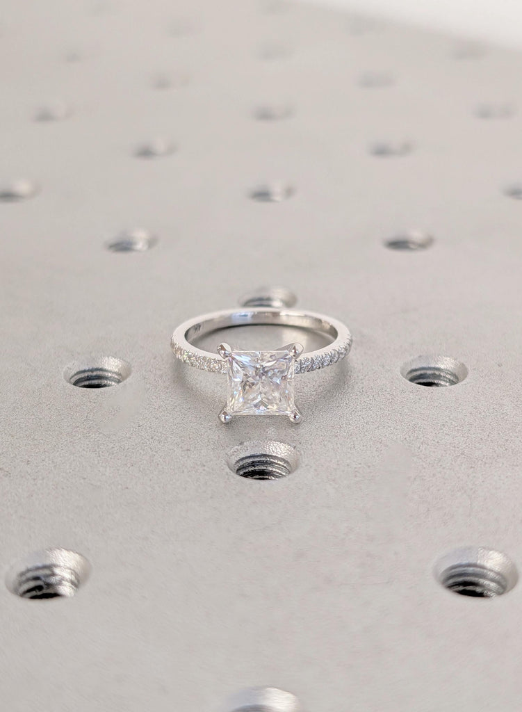 14K White Gold Moissanite Engagement Ring, Princess Cut Moissanite with Side Diamond Ring, Dainty Bridal Ring, Woman's Wedding Ring Jewelry image #5