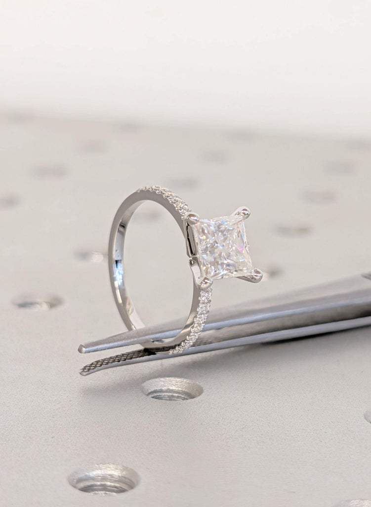 14K White Gold Moissanite Engagement Ring, Princess Cut Moissanite with Side Diamond Ring, Dainty Bridal Ring, Woman's Wedding Ring Jewelry image #10