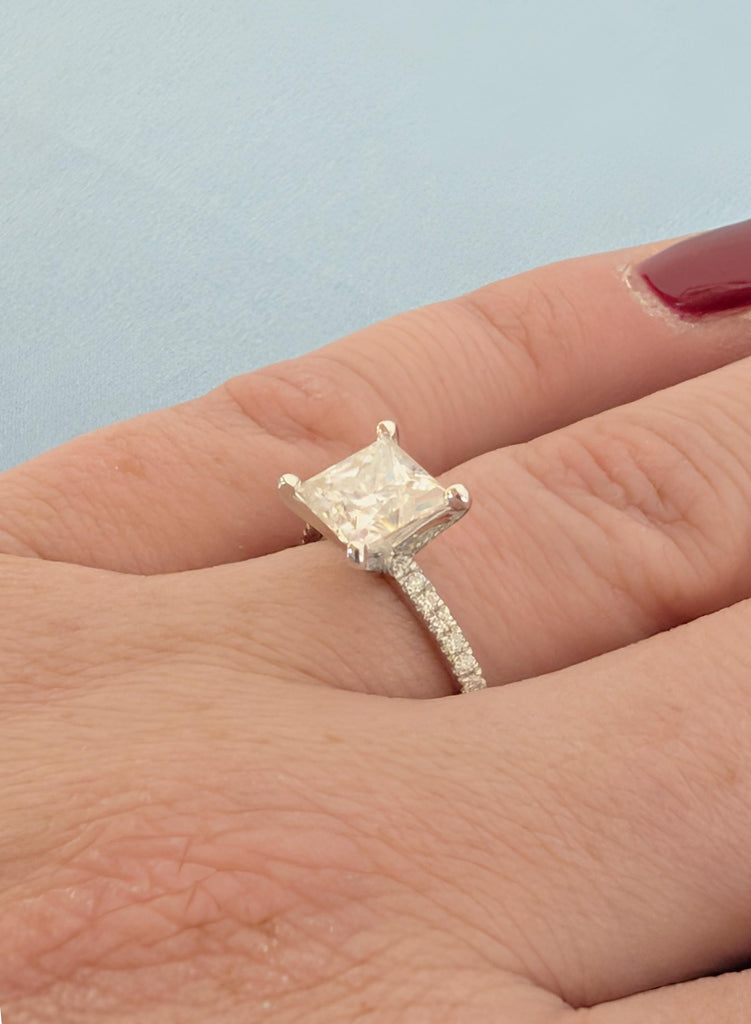 14K White Gold Moissanite Engagement Ring, Princess Cut Moissanite with Side Diamond Ring, Dainty Bridal Ring, Woman's Wedding Ring Jewelry image #14