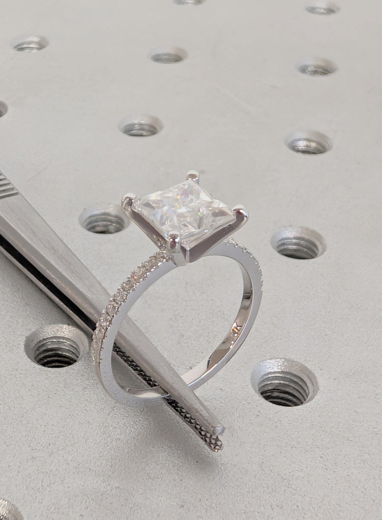 14K White Gold Moissanite Engagement Ring, Princess Cut Moissanite with Side Diamond Ring, Dainty Bridal Ring, Woman's Wedding Ring Jewelry image #12
