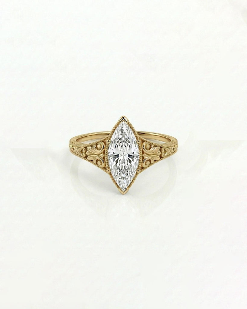 Filigree 14k Gold Solitaire Rings, Marquise Moissanite Ring, Vintage Engagement Ring image #2