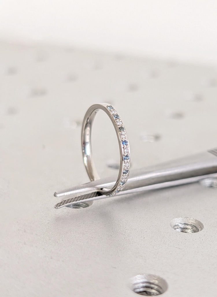 Teal Blue Sapphire Wedding Band: Platinum Pave Diamond Stacking Ring image #3