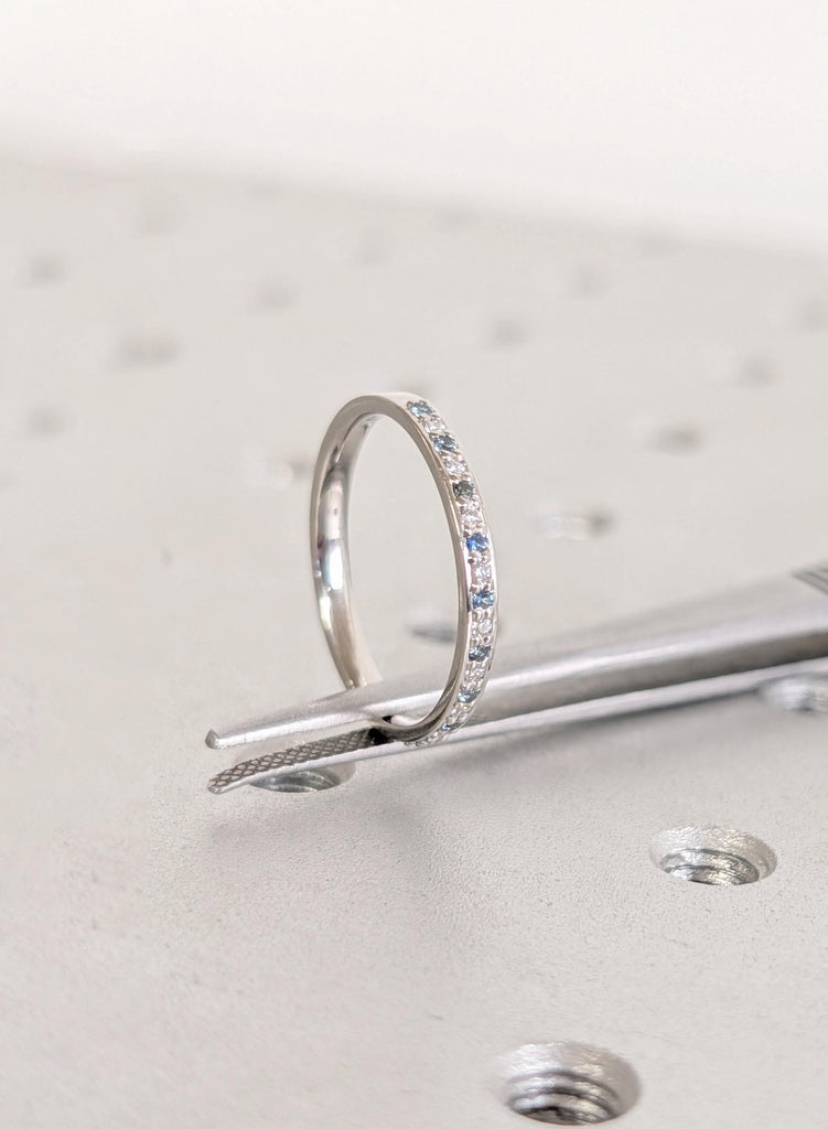 Blue Sapphire Wedding Band, Pave Round Moissanite Matching Rings, Platinum Stacking Ring, Teal Sapphire Diamond Wedding Ring, Everyday Rings