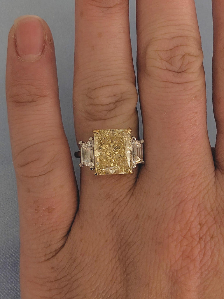 Radiant Cut Engagement Ring, Art Deco Three Stone Diamond Ring, Yellow Lab Diamond Ring, Platinum and Yellow Gold Two Tone Rings for Women image #2