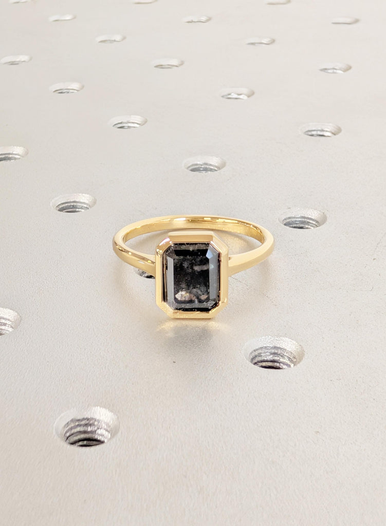 Salt and Pepper Diamond Ring, Emerald Cut Solitaire Ring, Bezel Set 18K Yellow Gold Engagement Ring, Wedding Ring, Promise Ring, Bridal Ring