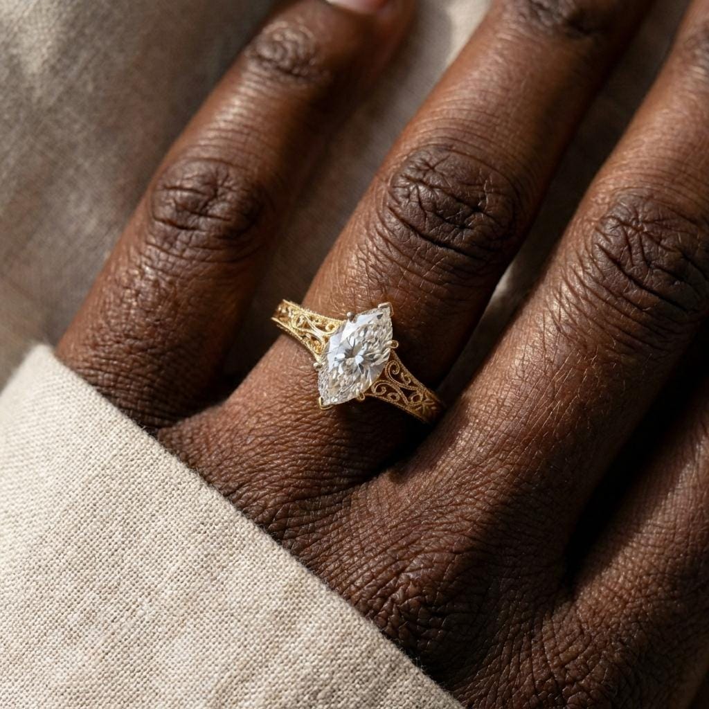 Vintage Style Engagement Ring, Filigree 14k Solid Gold Solitaire Marquise Moissanite Ring image #6