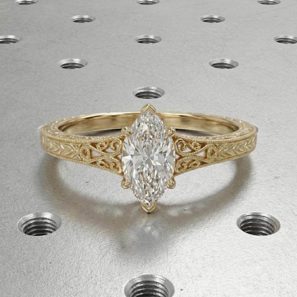 Vintage Style Engagement Ring, Filigree 14k Solid Gold Solitaire Marquise Moissanite Ring image #5