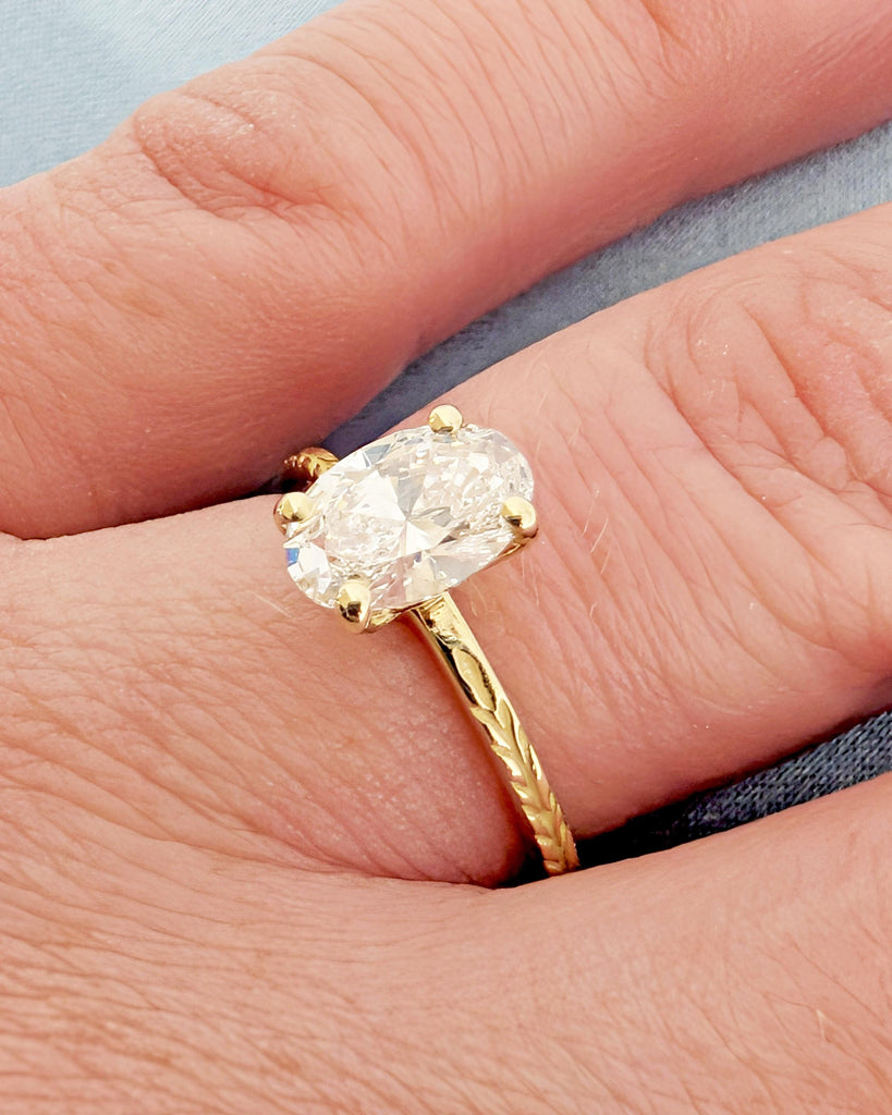 Oval Lab Diamond Engagement Ring, 14K Solid Gold Olive Leaf Ring, Olive Branch Band Ring, Nature Laurel Leaf Ring, Anniversary Gift for Wife image #2