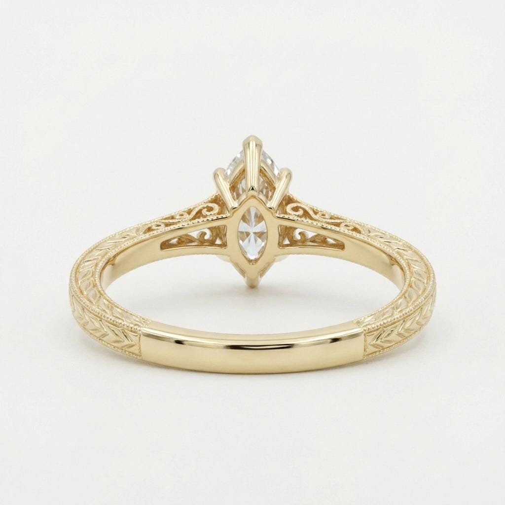 Vintage Heirloom Ring, Lab Grown Diamond Engagement Ring, Marquise Cut Victorian Filigree Band, 14k Yellow Gold Wedding Rings for Women image #5