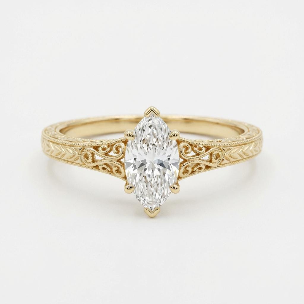 Vintage Heirloom Ring, Lab Grown Diamond Engagement Ring, Marquise Cut Victorian Filigree Band, 14k Yellow Gold Wedding Rings for Women image #4