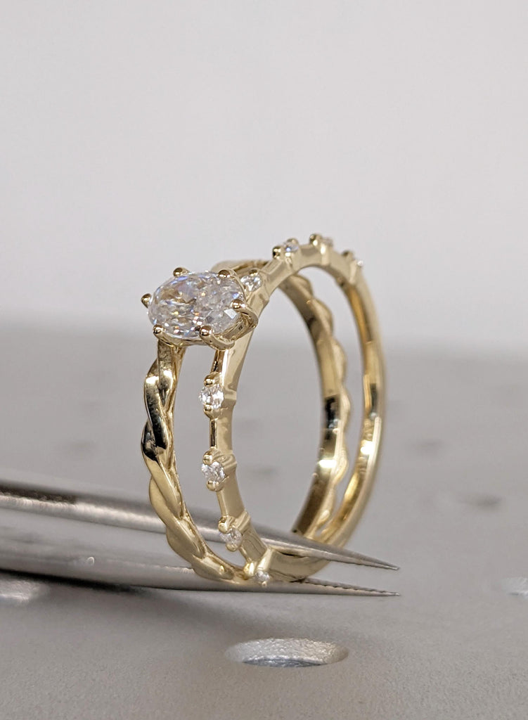 Moissanite Bridal Set in 14K Yellow Gold, Oval Moissanite Engagement Ring with Twisted Matching Wedding Band, Wedding Ring Set, Ring For Her image #9
