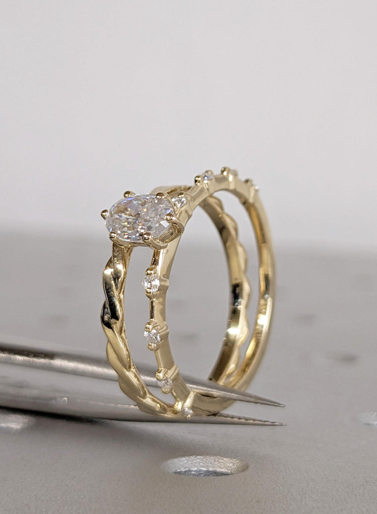 14K Yellow Gold Moissanite Wedding Ring Set, Oval Engagement Ring, Twisted Matching Band, Round Side Diamond, Promise Ring, Bridal Ring Set image #9