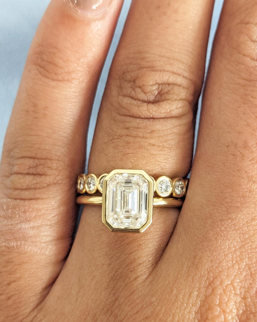Vintage Emerald Cut Moissanite Engagement Ring Set / Wedding Ring Set / Promise Rings / 14K Yellow Gold / Bezel Set Ring / Anniversary Rings image #7