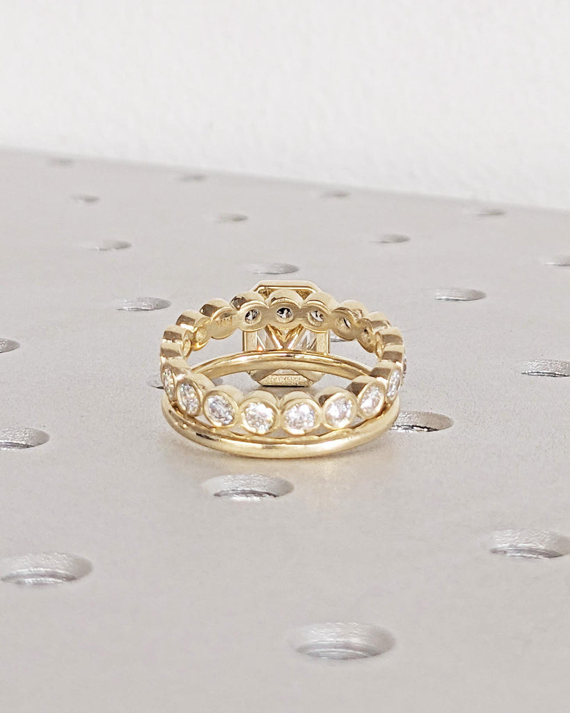 Emerald Cut Bezel Solitaire Ring Set, Lab Grown Diamond Engagement Ring Set, Vintage Bridal Lab Created Promise Ring, Dainty Bezel Ring Set image #6