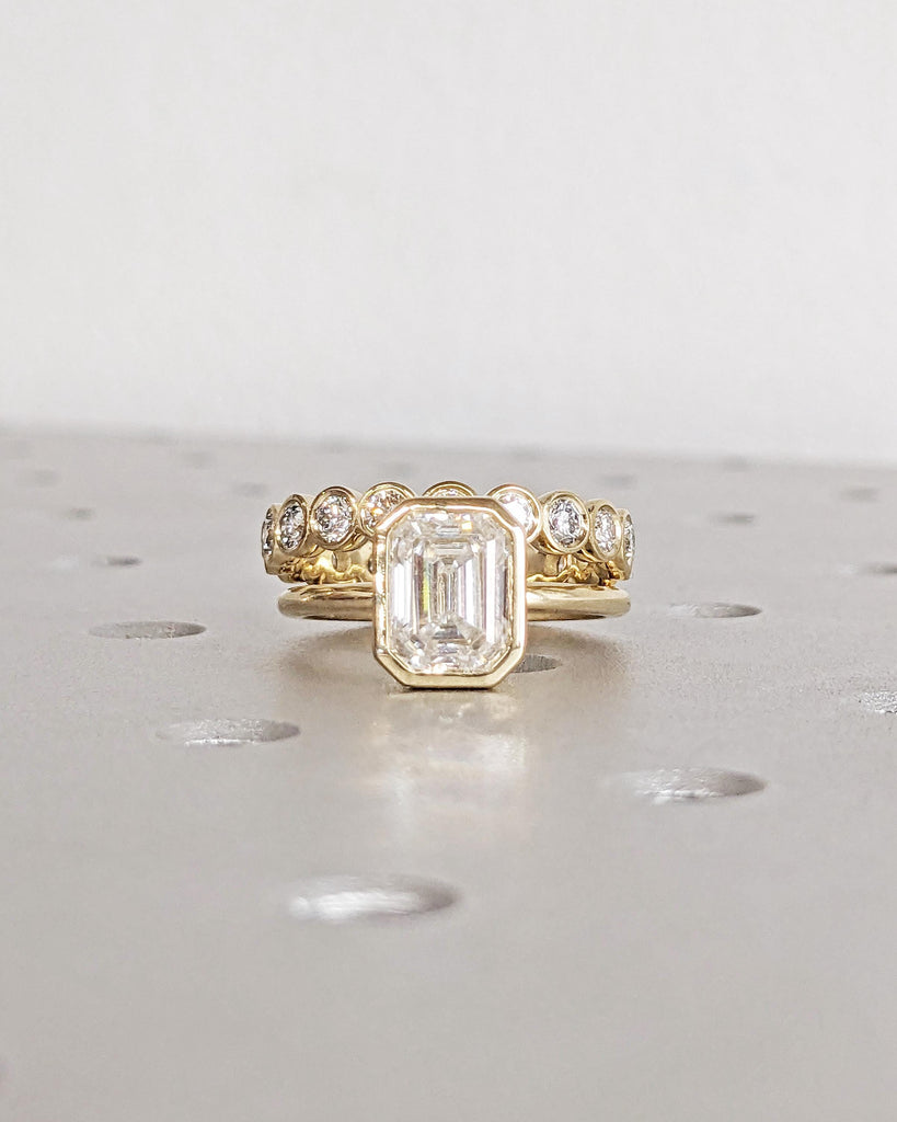 Emerald Cut Bezel Solitaire Ring Set, Lab Grown Diamond Engagement Ring Set, Vintage Bridal Lab Created Promise Ring, Dainty Bezel Ring Set image #4