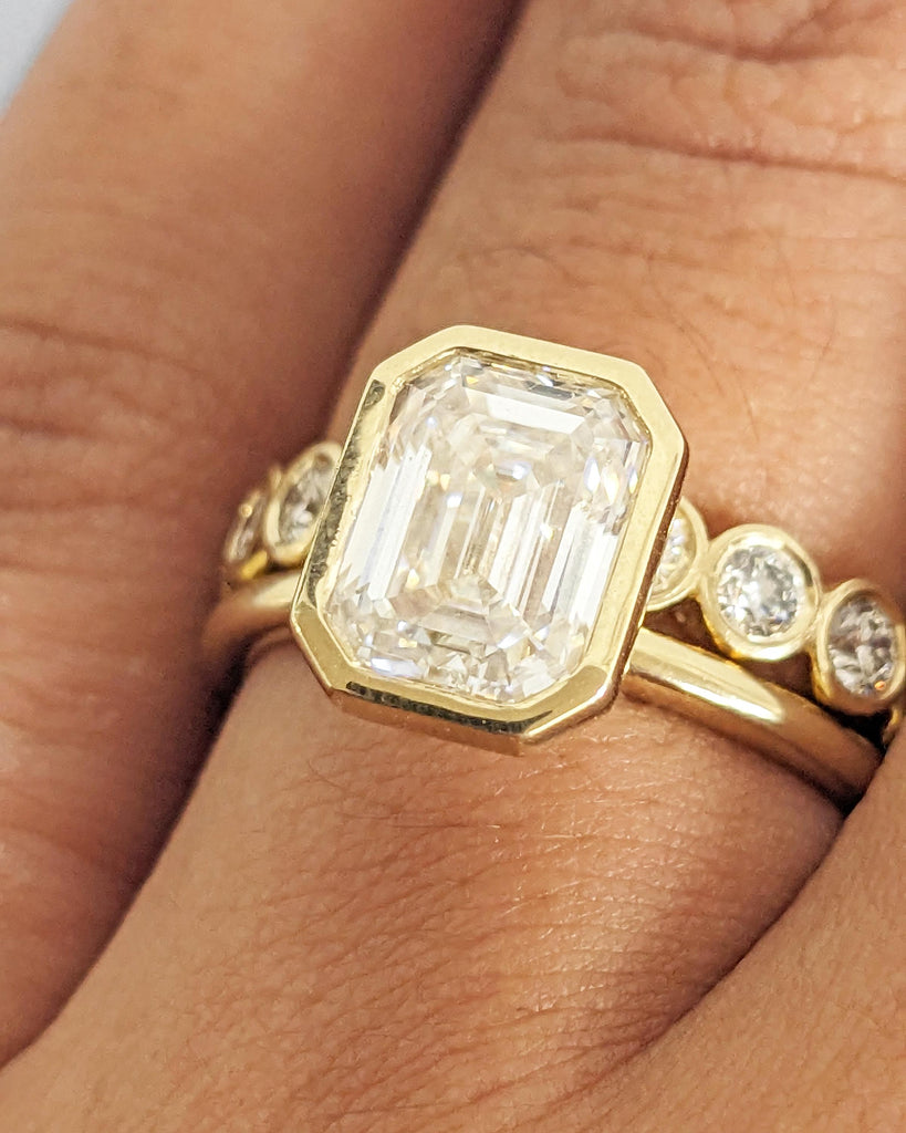 Emerald Cut Bezel Solitaire Ring Set, Lab Grown Diamond Engagement Ring Set, Vintage Bridal Lab Created Promise Ring, Dainty Bezel Ring Set image #3