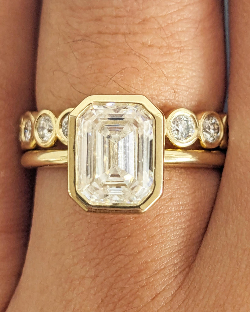 Emerald Cut Bezel Solitaire Ring Set, Lab Grown Diamond Engagement Ring Set, Vintage Bridal Lab Created Promise Ring, Dainty Bezel Ring Set image #2