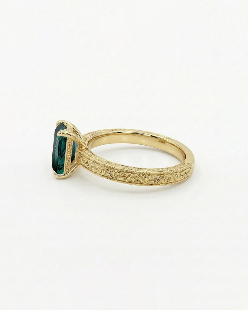 Art Deco Emerald Engagement Ring | 14k/18k Solid Gold Emerald cut Solitaire Ring | Filigree Wedding Band for Women | Talon Prong Setting image #4