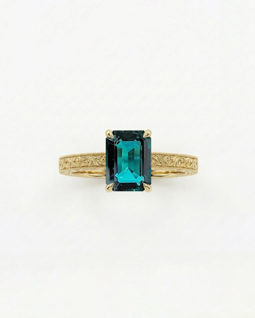 Vintage Style Green Emerald Engagement Ring | 14k/18k Solid Gold Emerald cut Solitaire Ring | Filigree Wedding Band for Women