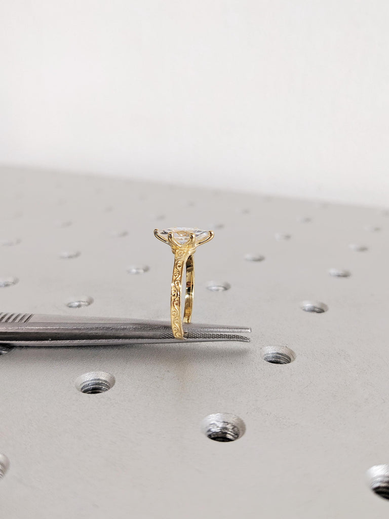 Marquise Moissanite Engagement Ring, 18K Yellow Gold Vintage Filigree Solitaire Ring, Heirloom Wedding Band image #5