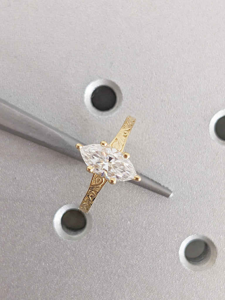 Marquise Moissanite Engagement Ring, 18K Yellow Gold Vintage Filigree Solitaire Ring, Heirloom Wedding Band