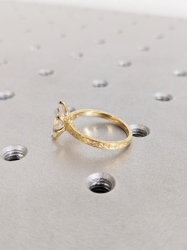 18K Yellow Gold Marquise Lab Diamond Engagement Ring, Solid Gold Vintage Filigree Band, Wedding Heirloom image #3