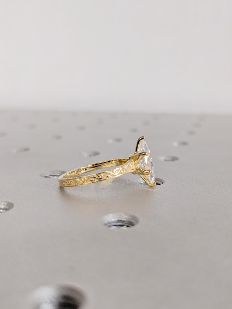 18K Yellow Gold Marquise Lab Diamond Engagement Ring, Solid Gold Vintage Filigree Band, Wedding Heirloom image #4