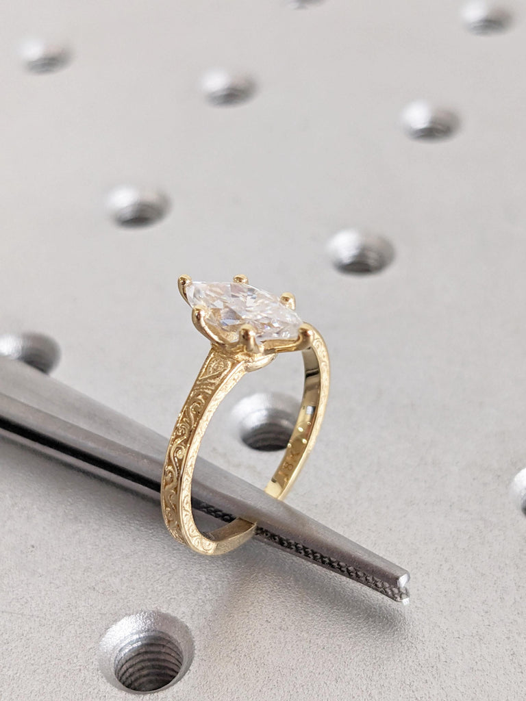 18K Yellow Gold Marquise Lab Diamond Engagement Ring, Solid Gold Vintage Filigree Band, Wedding Heirloom image #2