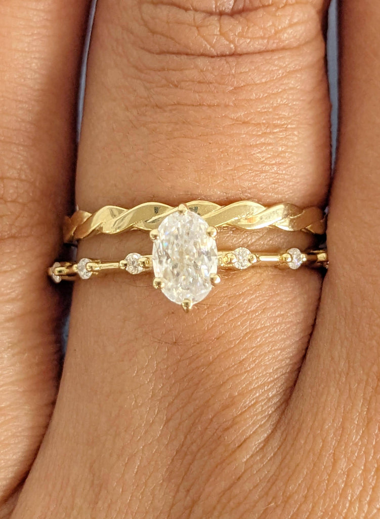 Oval Lab Diamond Ring Set, 14/18K Yellow Gold Bridal Jewelry Set, Unique Engagement Ring, Solid Gold Wedding Band, Matching Wedding Ring Set image #3
