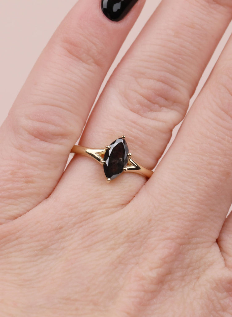 Marquise Salt and Pepper Diamond Engagement Ring, 14k Yellow Gold Split Shank, Diamond Jewelry, Woman's Solitaire Ring, Promise Ring For Her image #2
