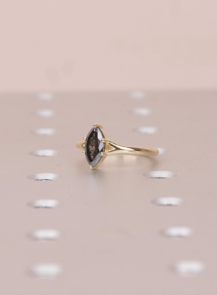 Marquise Salt and Pepper Diamond Engagement Ring, 14k Yellow Gold Split Shank, Diamond Jewelry, Woman's Solitaire Ring, Promise Ring For Her image #6
