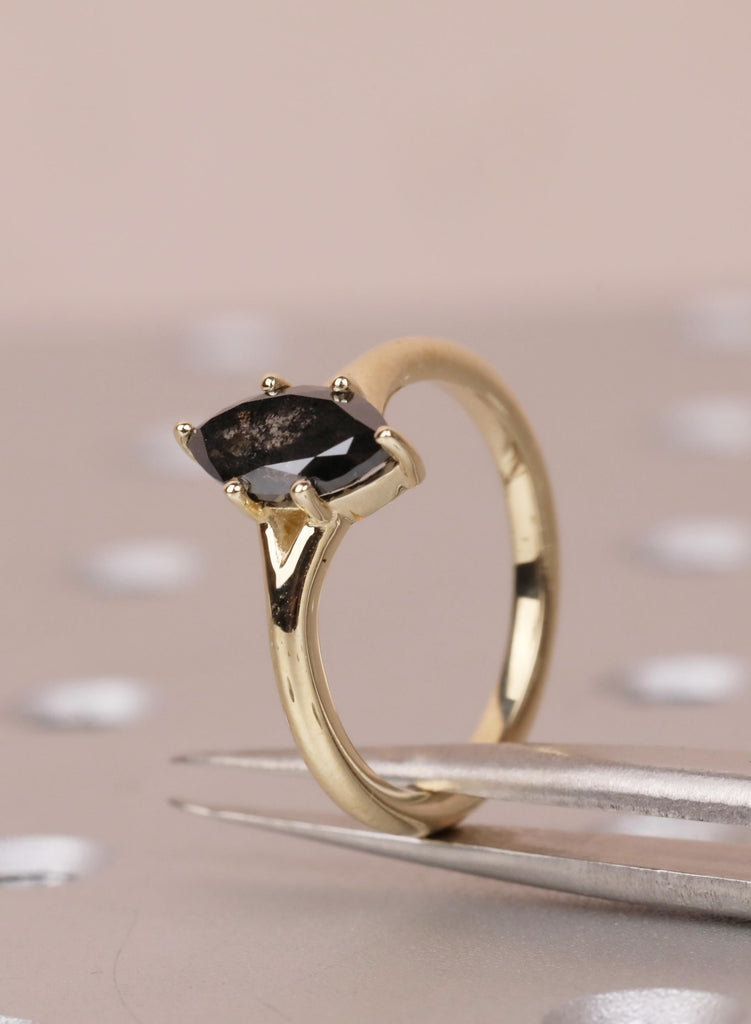 Marquise Salt and Pepper Diamond Engagement Ring, 14k Yellow Gold Split Shank, Diamond Jewelry, Woman's Solitaire Ring, Promise Ring For Her image #11