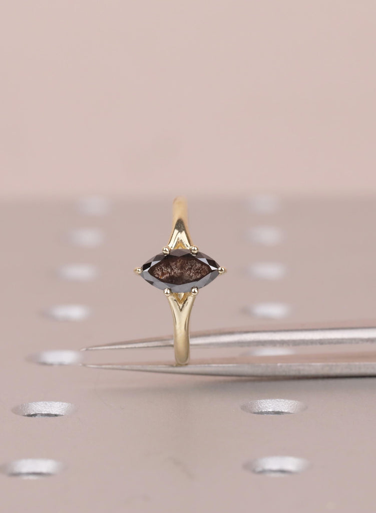 Marquise Salt and Pepper Diamond Engagement Ring, 14k Yellow Gold Split Shank, Diamond Jewelry, Woman's Solitaire Ring, Promise Ring For Her image #12