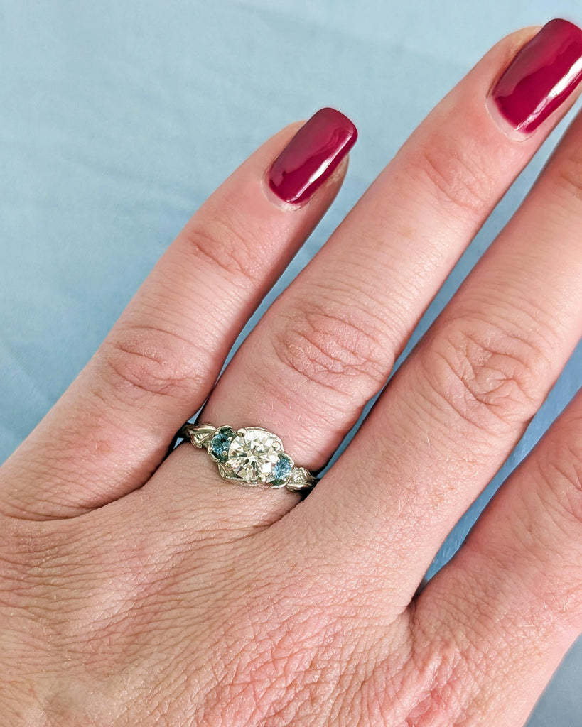 Nature Inspired Lab Diamond Engagement Ring | 14K Gold or Platinum Ring | Diamond and Aquamarine Wedding Anniversary Ring | Floral Leaf Ring image #2
