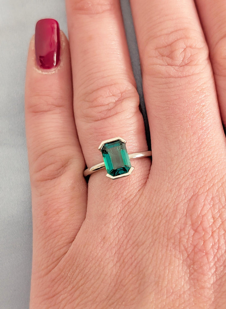 Emerald Ring, Bezel Set Green Lab Emerald Engagement Ring, Platinum 14k/18k Gold May Birthstone Promise Ring, Personalized Bridal Jewelry image #17