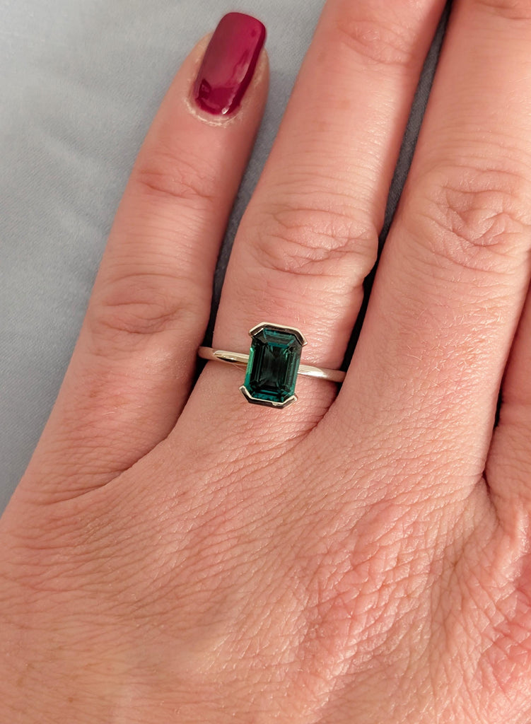 Emerald Ring, Bezel Set Green Lab Emerald Engagement Ring, Platinum 14k/18k Gold May Birthstone Promise Ring, Personalized Bridal Jewelry image #14